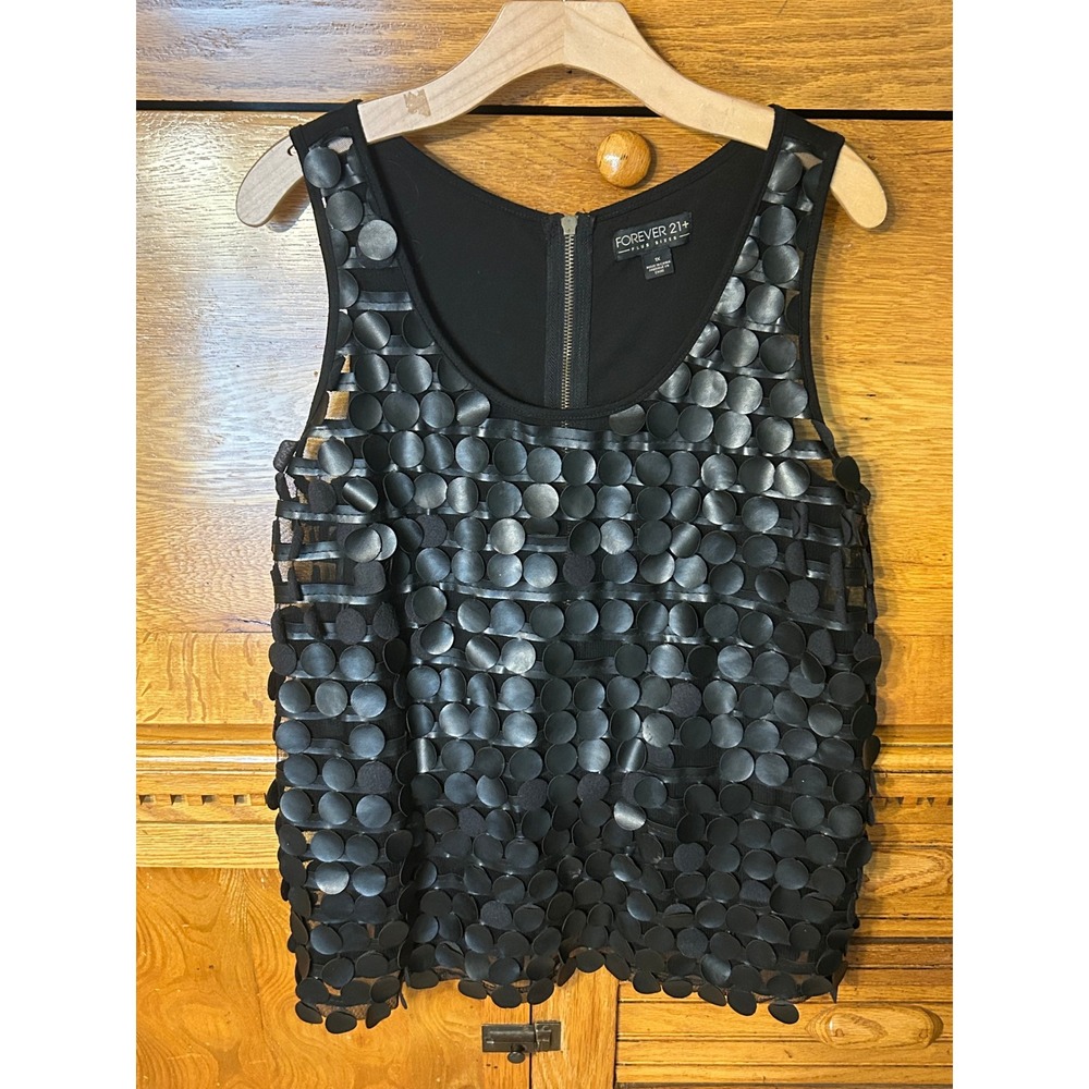 Forever 21+ Black Faux Leather Disc Mesh Sleeveless Top 1X Whimsigoth Festival